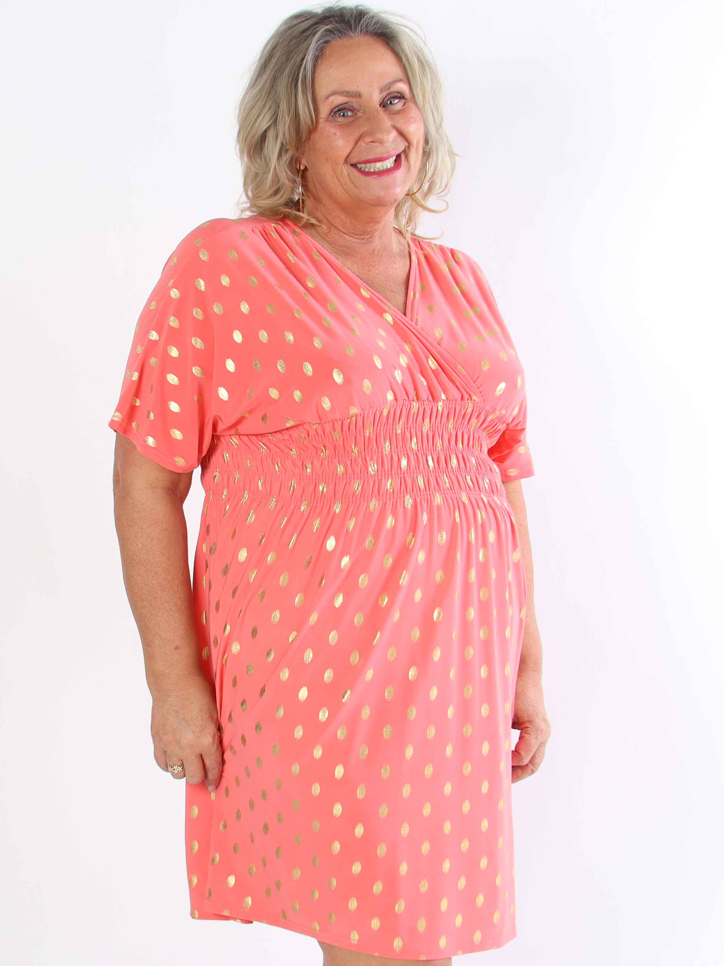 Pams Dot Short - Plus size elastisk kjole med guld prikker